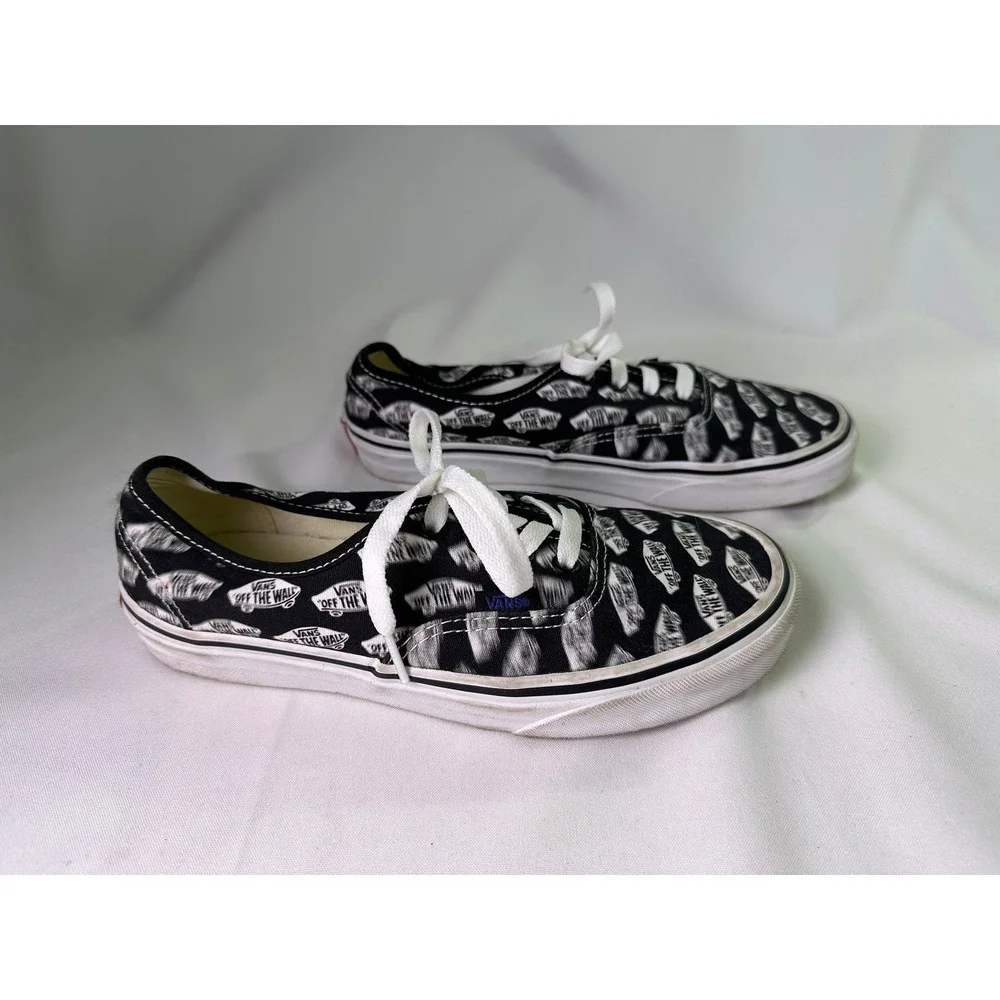Vans Authentic Blurred Logo Black White Low Top Skate Shoes Mens 6 Womens 7.5‎